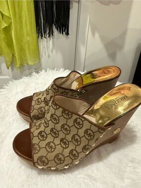 Michael Kors Brown Canvas Logo Wedge Sandals with Gold Insole